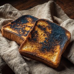 Two slices of burnt toast with dark charred edges resting on a textured burlap cloth