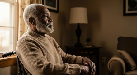 Elderly Man Sitting in Wheelchair Looking Thoughtful Near Window in Cozy Living Room
