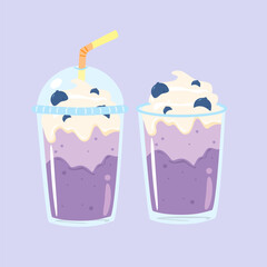 Blueberry milkshake in plastic cup cartoon. Delicious beverage ilustration. Smoothies for summer