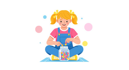 Illustration of a girl sitting and putting colorful candies in a jar