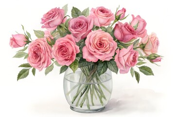 Obraz premium Pink roses in a clear glass vase watercolor isolated in the white background