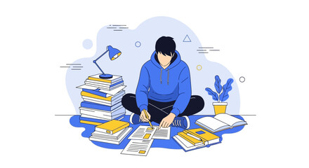 Illustration of a student studying with books, a lamp, and a plant, flat vector design