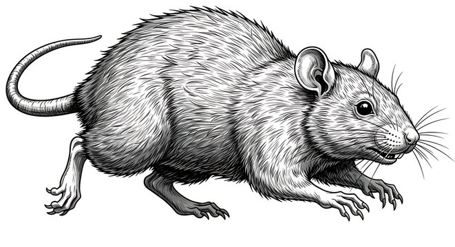Detailed black and white engraving style illustration of a rat.