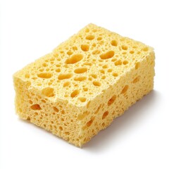 A rectangular yellow cellulose sponge with visible pores and water droplets on a white background