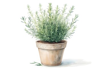 Fototapeta premium Watercolor illustration of a potted rosemary plant isolated in the white background