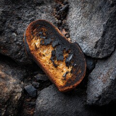 Close up of a burnt piece of bread resting on dark grey rocks and charcoal