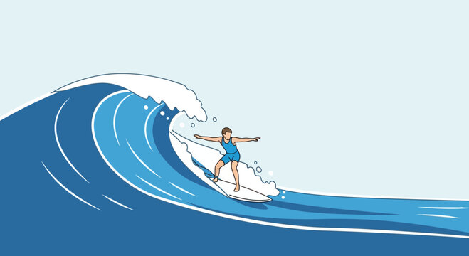 Illustration of a surfer riding a big wave on a surfboard, summer fun