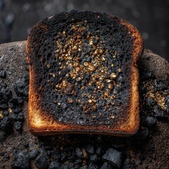 Close up macro shot of a single slice of burnt toast with a dark charred surface and crispy edges
