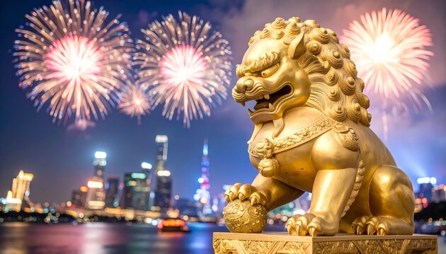 Majestic golden Chinese guardian lion with vibrant fireworks over a modern Asian city skyline at night.