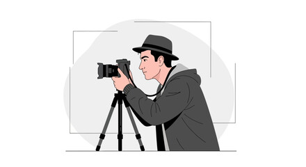 Illustration of a male photographer with a camera on a tripod, capturing a moment