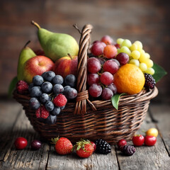 Rustic harvest: Abundant assortment of fresh fruits in a woven basket display