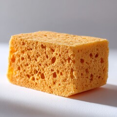 Close up of a textured orange cleaning sponge with porous surface on a light gray background