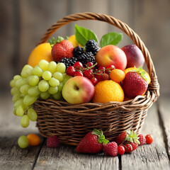 Rustic wicker basket overflowing with a colorful medley of fresh, vibrant fruits