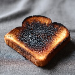 A single slice of burnt toast with a dark black charred surface on a textured gray background
