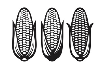 Three Monochrome Corns Art, Isolated on White Background, Silhouetted