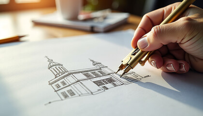 Focused female architect sketching architectural design at modern desk  
