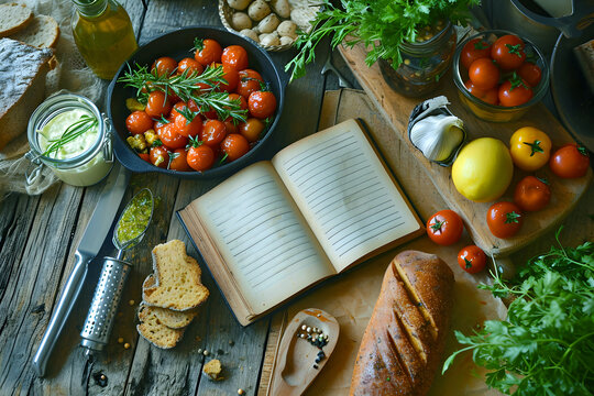 Colorful arrangement of fresh fruits and vegetables with a blank notebook and pen on a wooden table