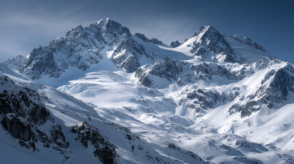 Obraz premium A scenic view of snow covered mountain peaks under a blue sky on a bright winter day in the alps