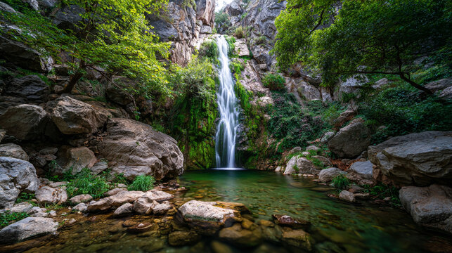 A scenic view of a waterfall cascading into a clear pool surrounded by rocks and lush greenery - Powered by Adobe