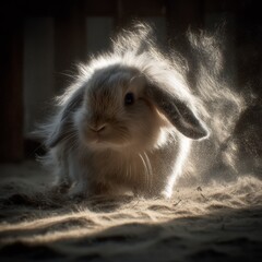 Adorable lop eared bunny rabbit shaking dust off its fur in dramatic backlit sunlight