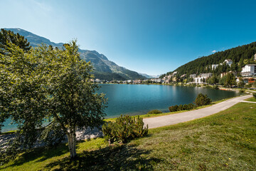 St. Moritz Lake and picturesque town leading in to the Engadin valley
