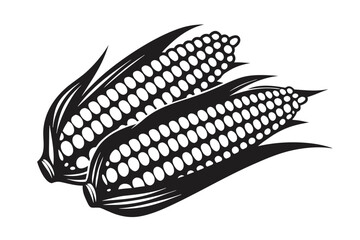 Two Black Corn Cobs with Leaves, Agricultural Harvest Season, Vector, White Background