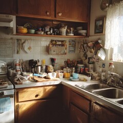 Cluttered and messy kitchen counter with dishes food items and appliances in natural light