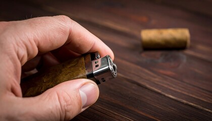 Hand holding a wooden-patterned lighter on a dark wooden surface