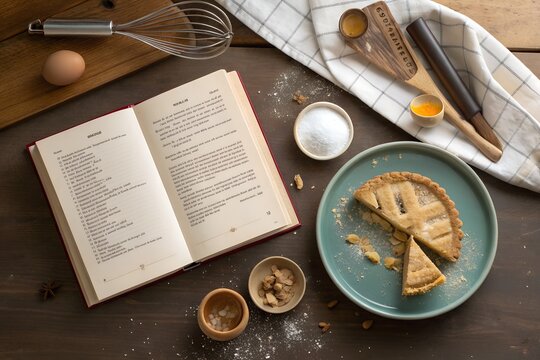 rustic baking scene with cookbook and pie slice and whisk and egg - Powered by Adobe
