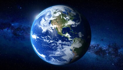 A detailed illustration of Earth floating in the vastness of space, showcasing continents & atmospheric details. A celestial backdrop