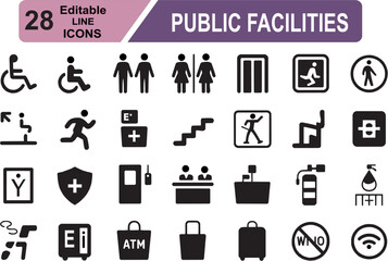 Public facilities icon set. Vector pictograms of toilets, showers, elevators, and accessibility symbols