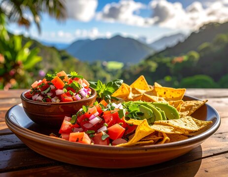 Colorful salsa and tortilla chips with a mountain view