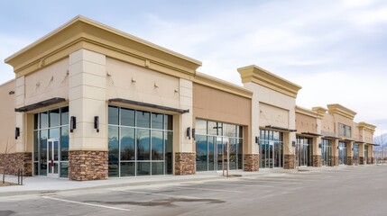 Commercial Real Estate: Modern Retail Strip Mall Facade with Spacious Parking Lot on a Cloudy Day