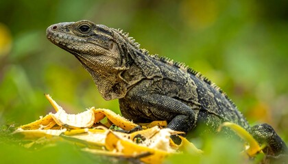 A detailed close-up of a large lizard, possibly an iguana, amidst banana peels, blending into a lush green environment