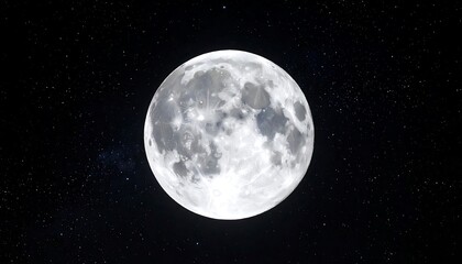 A detailed image showcases a full, bright, and textured lunar surface against a dark starry background, evoking space
