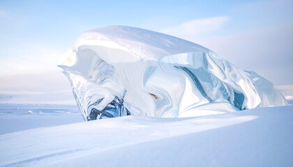 A close-up showcases a sculpted ice formation on a snowy plain under a bright, pale blue sky. The ice appears transparent and frozen