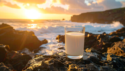 Glass of Milk on Rocky Coast at Sunset