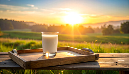 Glass of Milk on Wooden Tray at Sunrise