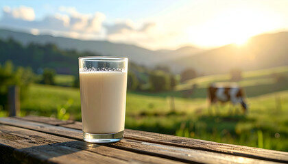 Glass of Milk on Wooden Table with Rural Sunset Background