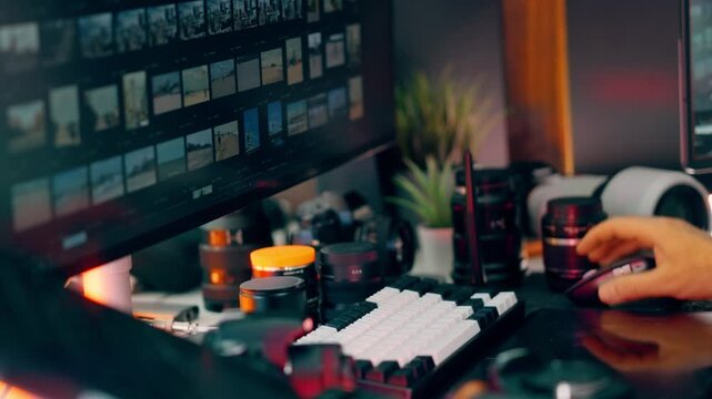 Photographer desk editing workspace camera gear setup. Close-up of a modern photo editing station with a monitor displaying image previews, mechanical keyboard, mouse, professional camera lenses