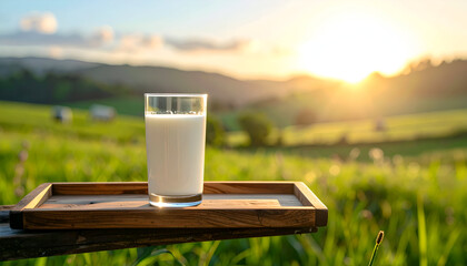 Glass of Milk on Wooden Tray at Sunset