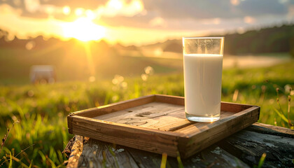 Glass of Milk on Wooden Tray at Sunset