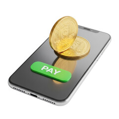 3d smartphone with golden coins and pay button isolated on transparent background for digital transactions
