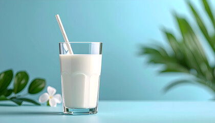 Glass of Milk with Straw and Tropical Leaves