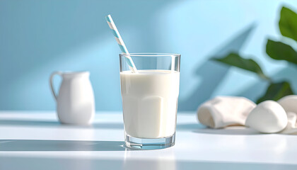 Glass of Milk with Straw, Eggs and Creamer on Light Blue Background