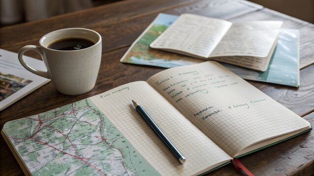 cozy travel planning desk with coffee mug and notebook and pen and maps - Powered by Adobe