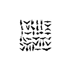 Halloween bat set in silhouette style. Hanging and flying cartoon bats with scary and cute elements.