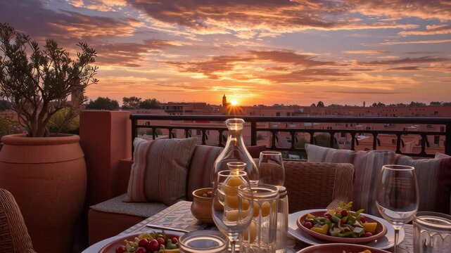 A beautifully set table with Maghrebi dishes on a rooftop terrace at sunset, overlooking the city skyline and creating a warm inviting dining atmosphere.