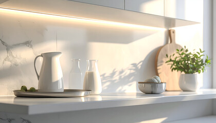 Modern Kitchen Shelf with Milk Jugs and Herbs in Sunlight