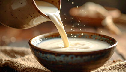 Pouring Milk into Bowl, Creamy Texture, Rustic Setting